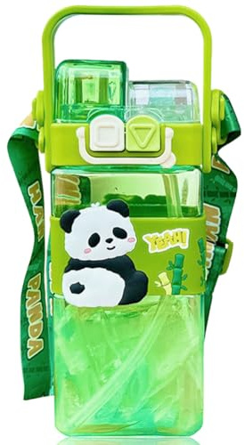 Spiritzohic Panda Water Bottle With Straw, 520ml Drinking Bottle Reusable Cup with Shoulder Strap Double Drinking Leakproof Bottles Cup Drink Flasks Kettle Drinks Bottles Flip Top Toddler Sippy Cups