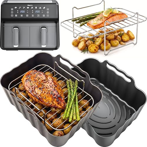 Keplin 9L Dual Zone Accessories | Original™ Convex Base Liners & Racks | Fits the Keplin 9L Dual Zone air fryer. 2 platinum silicone liners, 2 stainless steel racks and 4 skewers.