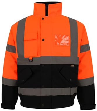 BLOOM BLENDS High Visibility Bomber Jacket Waterproof Reflective Safety Coat – Hi Vis Workwear Winter Jacket with fleece Lining, Waterproof Outer & Removable Hood