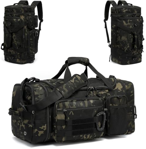 TONRUYN Taktische Reisetasche Sporttasche 40-45L Erweiterbar 3-in-1 Sporttaschen Herren Mittel mit Schuhfach Nassfach und Rucksackfunktion Trainingstasche Damen für Militär Fitness Gym Sauna, Camo