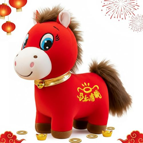 Generisch Year of The Horse 2026 Peluche mascotte de cheval zodiaque chinois avec broderie rouge et or, décoration du Nouvel An pour la maison, le bureau, la voiture, cadeau (Smiley Face)