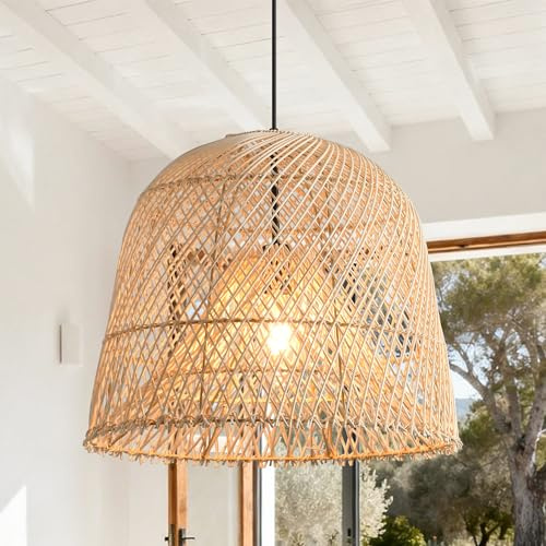 Parrot Uncle Rattan-Pendelleuchte, natürlicher Rattanschirm, Eisengestell, höhenverstellbar, E27-Fassung, 38 cm, für gemütliche Wohnbereiche (Ohne Leuchtmittel) [Energieklasse A]