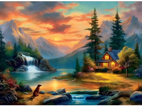 Jigsaw Puzzles 500 Pieces for Adults,Sunset Mountain Cabin by a Lake Puzzle | Fun Large Piece Puzzle Letter on Back,Nterlock Perfectly Frameable,Challenging Perfect Birthday Party Great Gifts, 20.5x15In