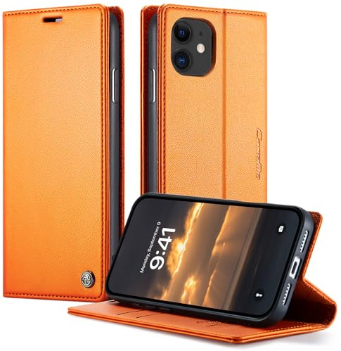 owlhold Handyhülle iPhone 11 hülle klapphülle Premium PU Leder,RFID Schutzhülle,Faltbare Ständer,Handytasche Lederhülle Kartenfach Standfunktion hülle für iPhone 11 - Orange