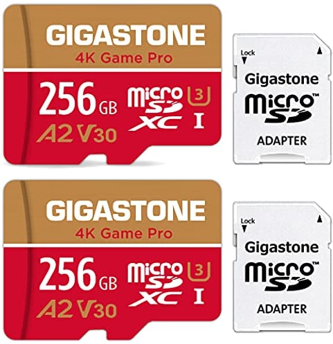 [5 Jahre kostenlose Datenwiederherstellung] Gigastone 4K Game Pro 256GB MicroSDXC Speicherkarte 2er-Pack und SD-Adapter, Kompatibel mit GoPro Switch, schwindigkeit 100 MB/s, A2 U3 V30 Micro SD Karte