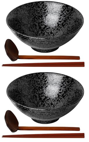 Kanwone Japanische Ramenschalen-Set, Suppenteller, 1,7 l, mit passenden Löffeln und Essstäbchen, für Udon Soba Pho asiatische Nudeln, 2 Stück, Schwarz