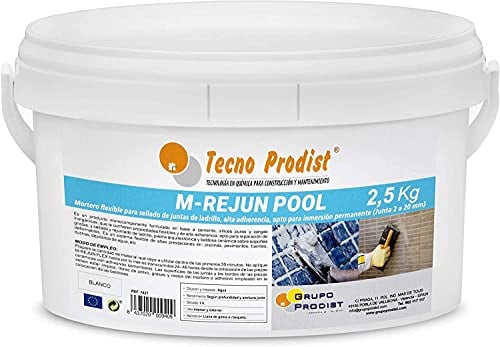 Tecno Prodist - M-REJUN POOL (2,5 Kg) Mortero flexible para sellado de juntas de baldosas y gresite en piscinas, ceramica, ladrillo, etc, apto para inmersión permanente (Junta 2 a 20 mm) Blanco