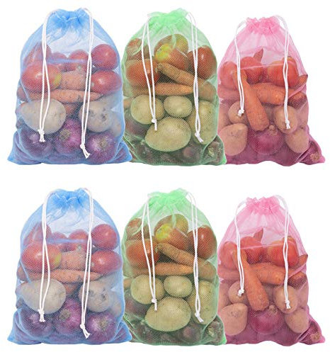 HomeStrap Set of 12 drawstring Mesh Reusable Fridge Storage Bag for Fruits & Vegetables (9 X 13 Inches|Multicolour)