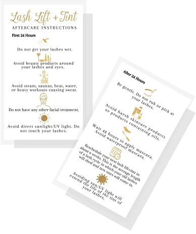 Lash Lift + Tint Aftercare Instruction Cards | 50 Pack | 2x3.5” inches Business Card Size | Eyelash Lift and Tint Kit at Home DIY | White with Non-Metallic Gold Color Design