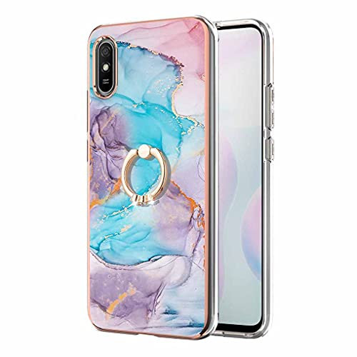 LINER Coque pour Xiaomi Redmi 9AT / Redmi 9A avec 360 Degrés Rotation Bague, Ultra Mince Élégant en Silicone Souple Motifs Colorés Coque Brillante Antichoc TPU Gel Etui Résistant - Bleu marbré