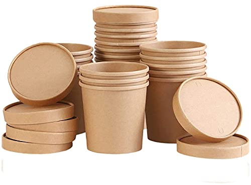 Bio Gobelets En Papier Gobelets Aliments Kraft, Saladier Bio Vaisselle Bols à Soupe avec Couverture En Papier Kraft pour Chaud Ou Froid Alimentaire Partie Fournitures Traiter (500 Pièces),4#