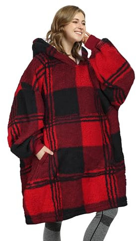 Catalonia Classy Coperta con cappuccio oversize, felpa sherpa, coperta portatile calda super morbida, felpa con cappuccio gigante tasca frontale gigante maglione adulto donna bufalo a scacchi Rossa