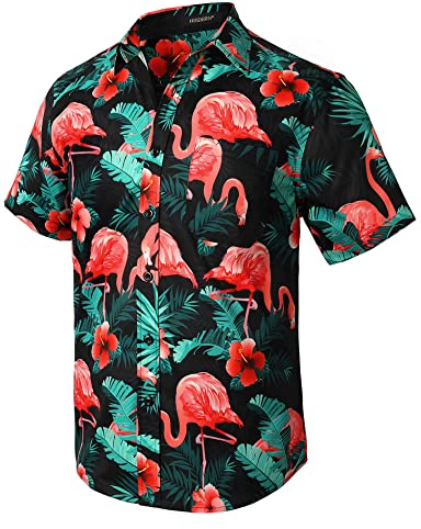 HISDERN Männer Funky Hawaiian Flamingo Shirts Kurzarm Vordertasche Urlaub Sommer Aloha Beach Casual Mint Schwarz Rosa Hawaiihemd
