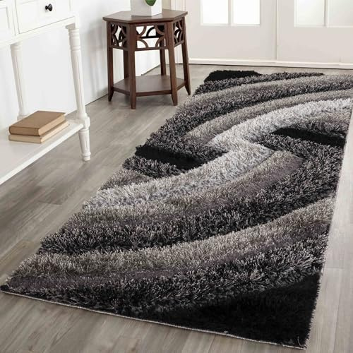 Serdim Rugs Moderner weicher Wirbel-Design, handgeschnitzt, glänzend, Polyester, Shaggy-Teppich, 60 x 220 cm, Grau