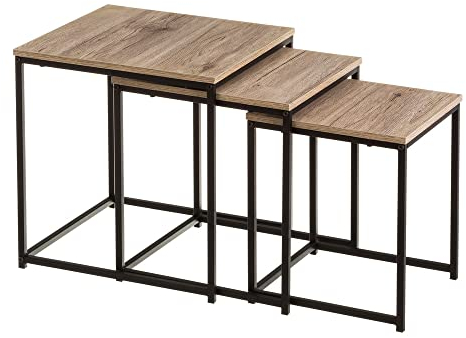 LOLAhome | Set 3 Mesas de Centro | Mesa Nido Pequeña para Salón o Comedor Oficina| Mesita Auxiliar Cuadrada Sofá| Madera y Metal Natural y Negro