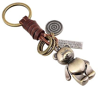 ZDHC Vintage Legierung Bär Schlüsselanhänger Leder Geflochten Schlüsselanhänger Anhänger Niedlich Frei Schwingarme Füße Tier Autoschlüssel Charms für Männer, bronze, One size