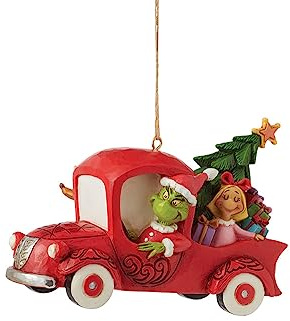 Enesco Dr. Seuss Grinch by Jim Shore - Ornamento da Appendere a Forma di Camion Rosso, in Resina di Pietra, Realizzato a Mano, da Collezione, Ornamento Decorativo per Albero di Natale, Idea Regalo, 7