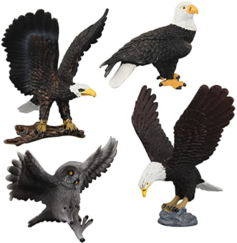 BYNYXI 4 Stücke Weißkopfadler Figur, Miniatur Eule Adler Spielfigur PVC Eule Waldtiere Figuren Spielzeug Schleiereule Realistische Adler Tierfiguren, Tortenfigur Toppers Pädagogisches Lernspielzeug