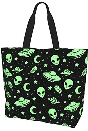 OTRAHCSD Tote Bag, Grün Alien Moon UFO Schultertasche, wiederverwendbare Einkaufstasche für Arbeit Reisen oder den täglichen Gebrauch, siehe abbildung, Einheitsgröße