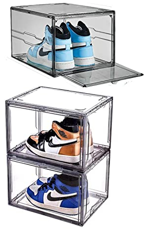 MECC Klare Schuhbox, stapelbarer Acrylschuhschrank, mit Magnettür,14.4x10.6x8inch/36x27x20cm (Gray Front Door 3 Pack)