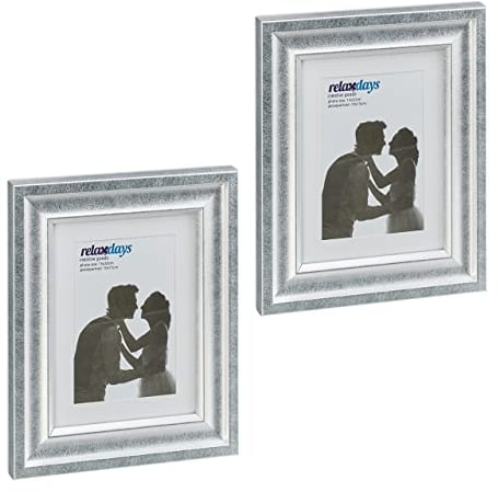 Relaxdays Bilderrahmen 2er Set, 15x20 cm, Hoch- & Querformat, Fotorahmen zum Aufhängen, Hinstellen, Passepartout, silber