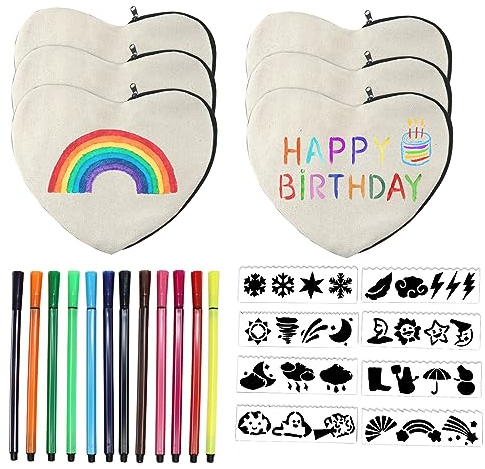 Idota 6 Stück Stoff Federmäppchen Herzförmig, Kindergeburtstag Basteln, Taschen zum Bemalen für Kinder mit 12 Farbigen Stiften und 8 Pcs Malen Schimmel für Reisen, Basteln am Kindergeburtstag