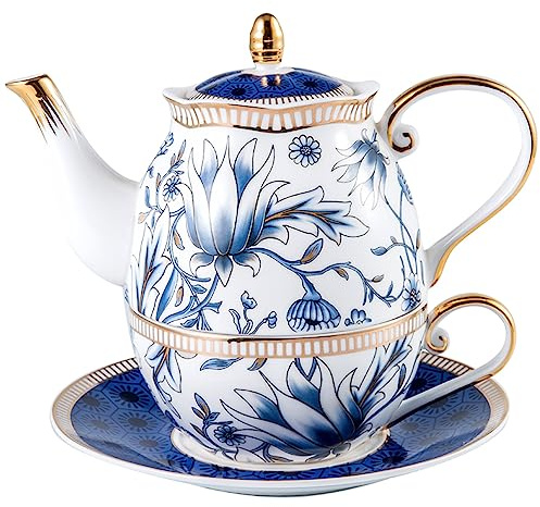 ACMLIFE Tea for One Teapot and Cup Set, Vintage Floral Porcelain Tea Set for One, Bone China Teapot Set, Tea Pot Set Gift for Women (Blue)