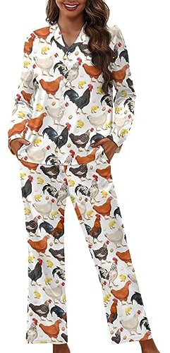 Dolyues Pyjama-Set für Damen, Oberteile, Hemden und Hosen mit Tasche, langer Schlafanzug für Damen