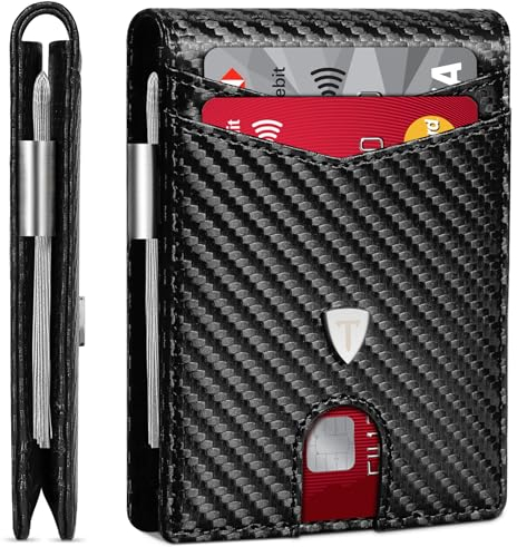 TEEHON Portefeuille Homme Slim Cuir en Fibre de Carbone avec Blocage RFID et Emplacements pour Cartes de Crédit, Clip de Billets, Minimaliste Porte Monnaie Homme Bi-Fold avec Boîte Cadeau - Noir.