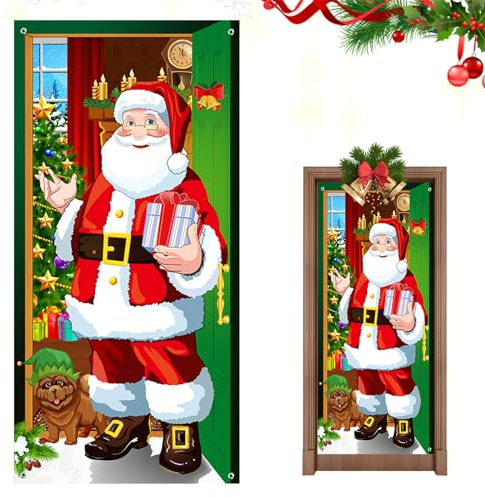 YEJAHY 90 x 180 cm Weihnachten Tür Abdeckung Dekoration, Weihnachtsdeko Weihnachtsmann Hängen Banner Hintergrund, Rot Weihnachtsbanner, für Indoor Outdoor Haus Weihnachten Deko (A)