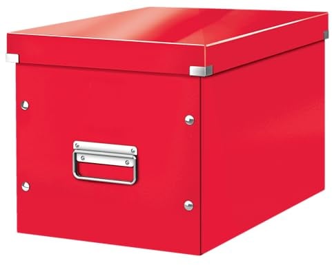 Leitz Click & Store Aufbewahrungsbox mit Deckel Groß, Würfelbox passend für Kallax Regale in Wohnzimmer oder Büro, Box aus 80 % recycelter Premium-Hartpappe, Stabile Metallgriffe, Rot, 61080026