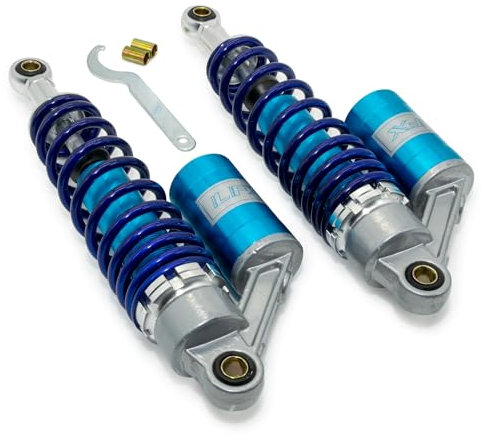 Tuning-Federbeine Maxtuned 325-355mm, mit externen Ausgleichsbehälter, blau/silber für Simson S50, S51, S70 Stoßdämpfer
