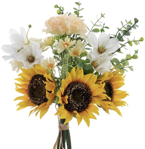 YELIKIT Kunstblumen Sonnenblumen Künstliche Pflanzen Blumen Deko Unechte Blumen Seide Blumenarrangements für Zuhause Blumenstrauß Hochzeit Garten Festival Dekor (Gelb&Weiß)
