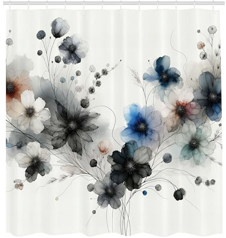 ABAKUHAUS Blumig Duschvorhang, Simplistische Aquarell Illustration mit Blumenzweigen Essenz der Natur, Stoffliches Gewebe Badezimmerdekorationsset mit Haken, 175 x 200 cm, Grau Blau Blasses Rost