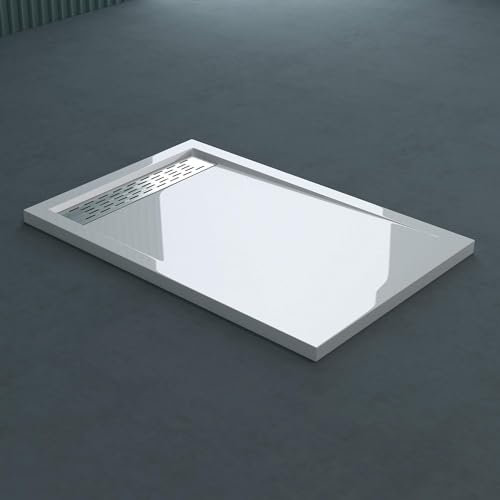 doporro Receveur de Douche Blanc Bac à Douche Extra Plat Rectangulaire en Acrylique 80x100x5cm + Bonde AL01 Design Xetro04