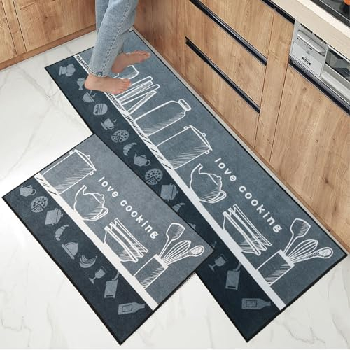 7VSTOHS Juego de Alfombras de Cocina Antideslizantes de 2 Piezas, Tapete Cocina Antideslizante Resistente al Aceite, Adecuado para Cocina, Baño, Sala de Estar, 43x75 + 43x120 cm