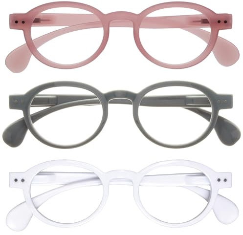 OPULIZE OCA Lesebrille - 3er-Pack - Moderne Runde Retro-Fassung - Pink Grau Weiß - Herren Damen - Federscharniere - RRR54-47W - +1.50
