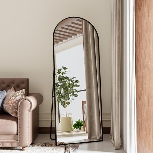BHFFTHK Bogen Ganzkörperspiegel,180x80cm Gewölbter Spiegel mit Schwarz Metallrahmen Standspiegel HD Groß Bodenspiegel Wandspiegel mit Haken für Schlafzimmer Ankleidezimmer Spiegel