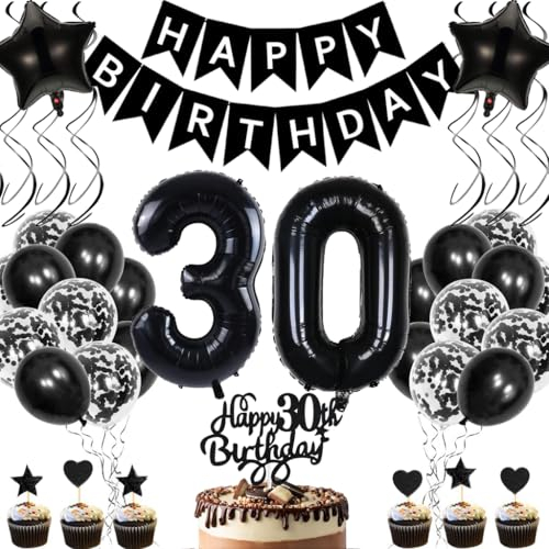 Anlgdi Geburtstagsdeko 30 Jahre Mann Frau, Luftballons 30. Geburtstag Dekoration, Schwarz Tortendeko Geburtstags 30 Jahre Frauen, Folienballon Zahl 30 Schwarz, Deko 30. Geburtstag Männer