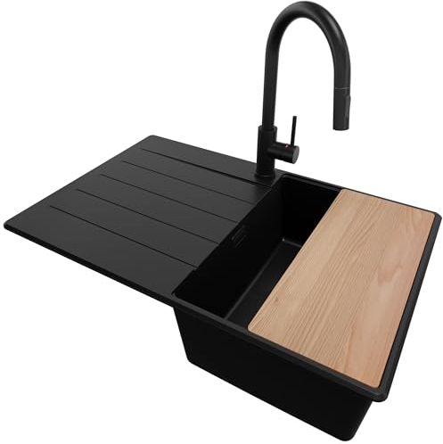 PRIMAGRAN Spülbecken Alles Schwarz 78x50cm, Spülbecken 1 Becken + Küchenarmatur 40x20cm + Zuberhor-Set, Küchenspüle ab 45er Unterschrank - Kopenhagen S153