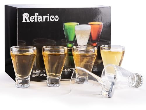 REFARICO Beer Bottle Shot Glasses Set of 6, 2oz Funny Shot Glasses, White Elephant Gifts for Adults, Glassware Drinking Glasses, Great for Home Bar and Party Favors