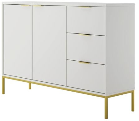 Home Collective Kommode mit 3 Schubladen und 2 Schränken, modernes Sideboard, Stahlrahmen Weiß und Gold