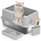 Uisave Offene Katzentoilette Edelstahl Katzenklo XXL– Große Katzentoilette für Große Katzen und Kätzchen – Spritzschutz, Leicht zu Reinigen, Tierfreundliches Design,Grau