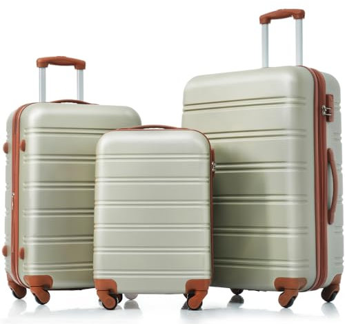 Hartschalen-Koffer Set 3-teilig - Teleskopgriff, ABS Kunststoff, Kombinationsschloss, 360° Rollen - Reisekoffer Trolley für Urlaub & Geschäftsreisen - Erweiterbar, Leicht, Robust (Goldgrün+Braun)
