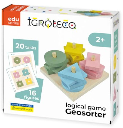 Igroteco® Geo-sorter av trä | Pedagogiskt spel för barn | Stapel- och trådspel med 4 geometriska former | Främjar finmotorik, färger och former | inkl. uppgiftsbok | Från 2 år