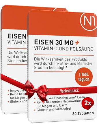 N1 Eisen 30 mg + Vitamin C & Folsäure - 60 Eisentabletten - 98% bioverfügbares Eisenpräparat - hochdosiert für Immunsystem, Energiestoffwechsel & bei Eisenmangel - gut verträglich, ohne Nebenwirkungen