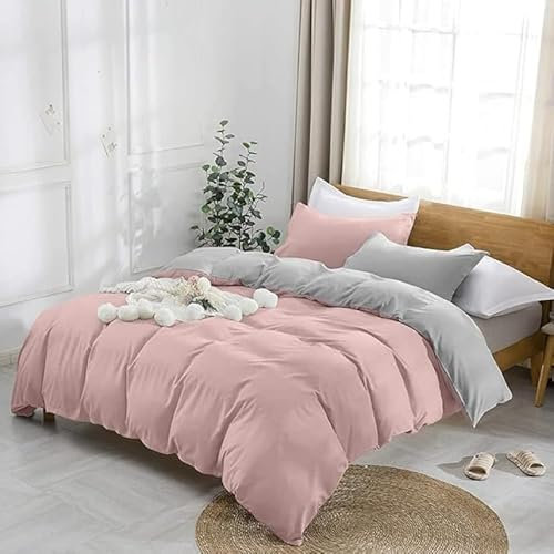 Parure Copripiumino Bicolore Matrimoniale Singolo Piazza e mezza, Set Sacco Piumino Friends in Cotone con Federe Disponibile in più Colori e Misure (Rosa/Grigio, 1 Piazza e mezza)