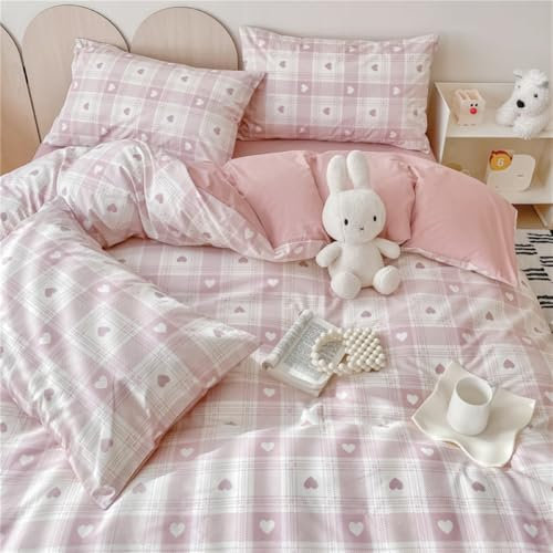 Covebett Bettwäsche 155x220 Rosa Weiß Herzen Kariert Wende Bettwäsche Set Microfaser 2teilig Romantisch Kawaii Herz Karo Mädchen Kinder Bettbezug und 1 Kissenbezug 80x80 mit Reißverschluss