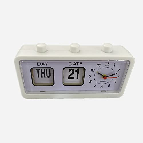 Ghzste Manueller Sprungkalender Wecker, Stille Retro -Desktop -Uhr mit Datum und Tag, Plastikstudienraum Tisch Tisch Wecker für Büro (Weiß)