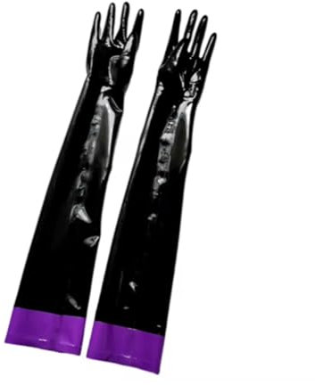Latex Rubber Women Men Long Gloves with Strips Lingerie Handmade Clothing,Black and Yellow,3XL